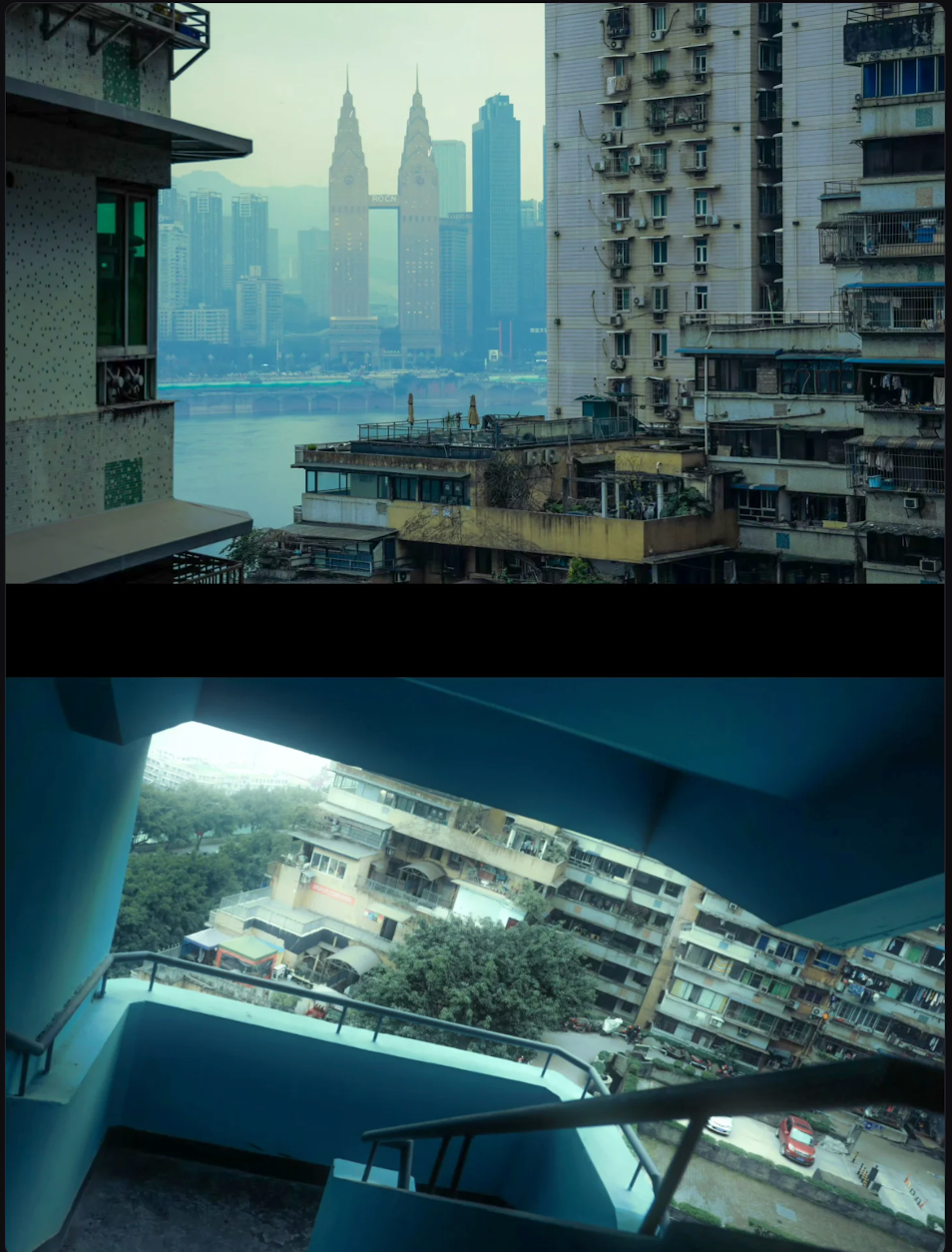 Homes and stairways layered above the river in a Chongqing community